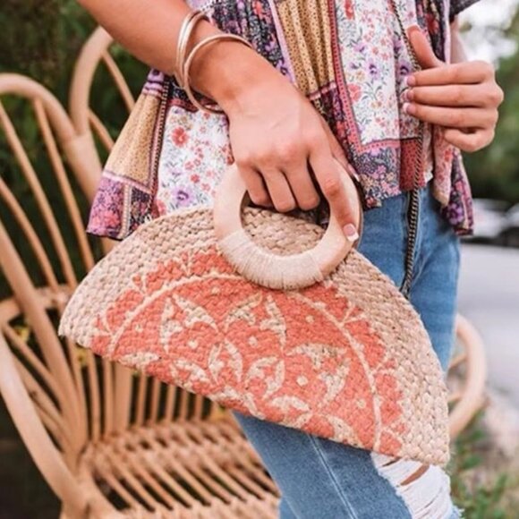Antik Kraft Jute Woven Clutch With‎ Wooden Handles & Pink Pattern purse handbag - Picture 10 of 10